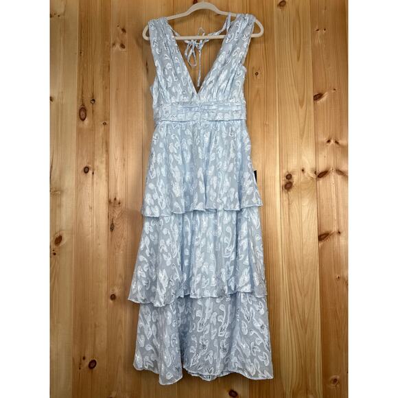 NWT Lulus Make It Mesmerizing Light Blue Jacquard Tiered Midi Dress Bohemian M - Picture 2 of 8